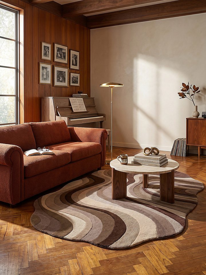 KADIMA DESIGN Wollteppich EFFRA Naturteppich Wellen-Swirl modern reine Wolle Naturfaser weich, Oval, Höhe: 12 mm, Natur, 140x200 Oval cm, anschmiegsam, robust, retro, Büro, Diele Bild 2