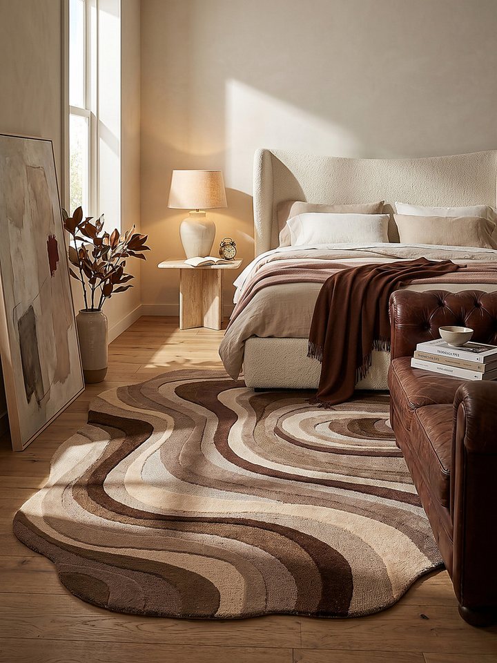 KADIMA DESIGN Wollteppich EFFRA Naturteppich Wellen-Swirl modern reine Wolle Naturfaser weich, Oval, Höhe: 12 mm, Natur, 140x200 Oval cm, anschmiegsam, robust, retro, Büro, Diele Bild 3