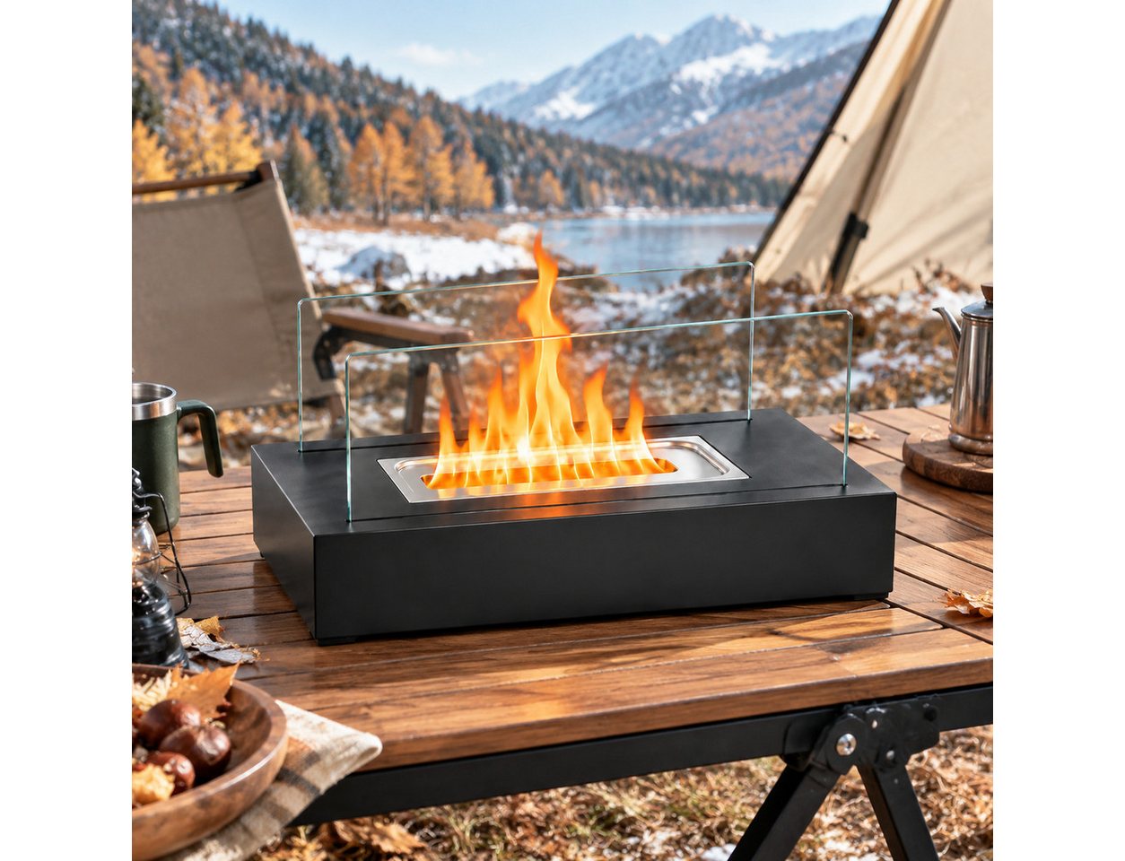 Ledklang Tischfeuer Ethanol Tischkamin Eckig,35x18x15cm,Tischfeuerstelle Indoor Outdoor, Dekorativer Bioethanol Kamin für Terrasse,Wohnzimmer,Balkon
