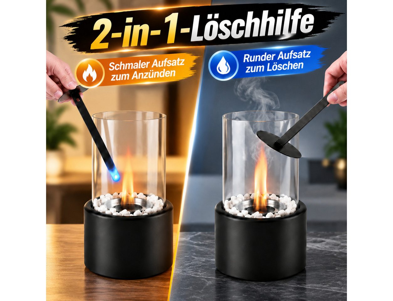 Ledklang Tischfeuer Ethanol Rund Schwarz,12,3x21cm Tischkamin für Indoor & Outdoor (für Wohnzimmer,Terrasse,Balkon), Dekorative Tischfeuerstelle aus Bioethanol Bild 3