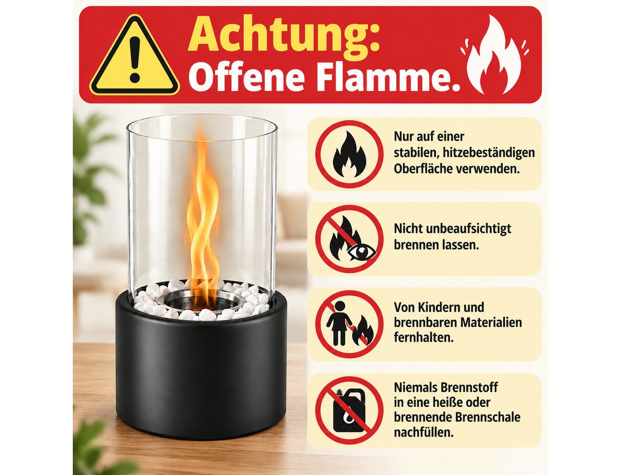 Ledklang Tischfeuer Ethanol Rund Schwarz,12,3x21cm Tischkamin für Indoor & Outdoor (für Wohnzimmer,Terrasse,Balkon), Dekorative Tischfeuerstelle aus Bioethanol Bild 4