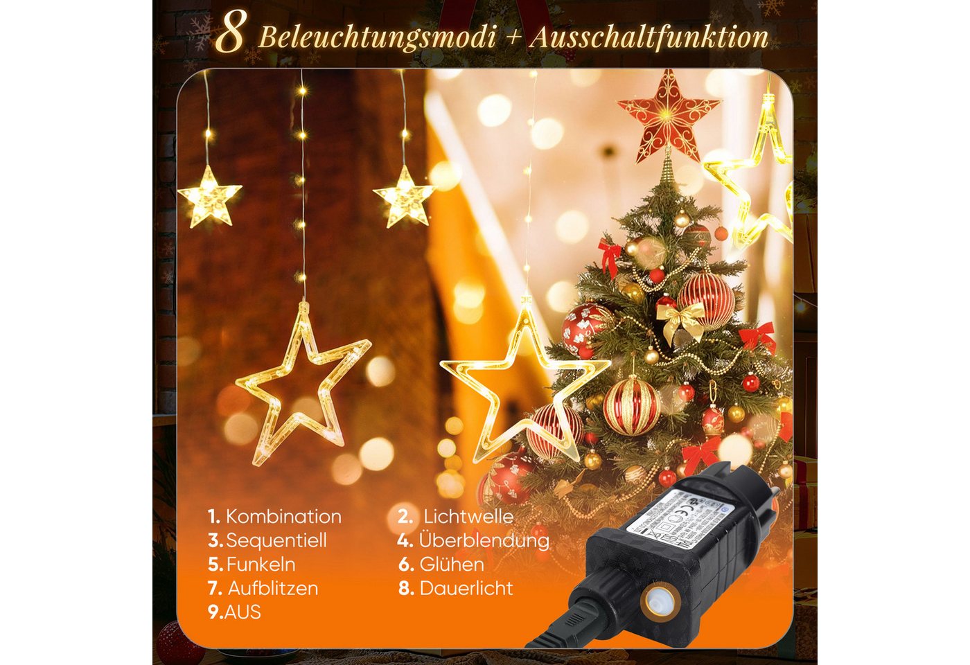Salcar LED-Lichterkette LED Sterne 2m 160 LED Lichtervorhang Weihnachten Lichterkette Außen, 2m 160 LED Warmweiß, 8 Modi, Timer und Memory Bild 2