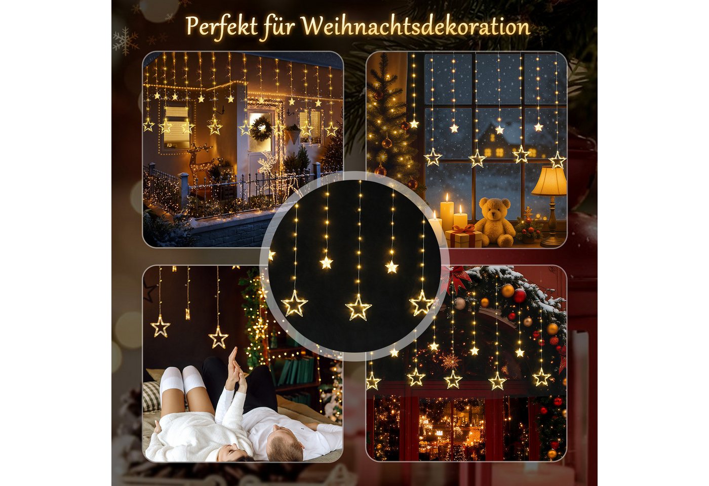 Salcar LED-Lichterkette LED Sterne 2m 160 LED Lichtervorhang Weihnachten Lichterkette Außen, 2m 160 LED Warmweiß, 8 Modi, Timer und Memory Bild 5