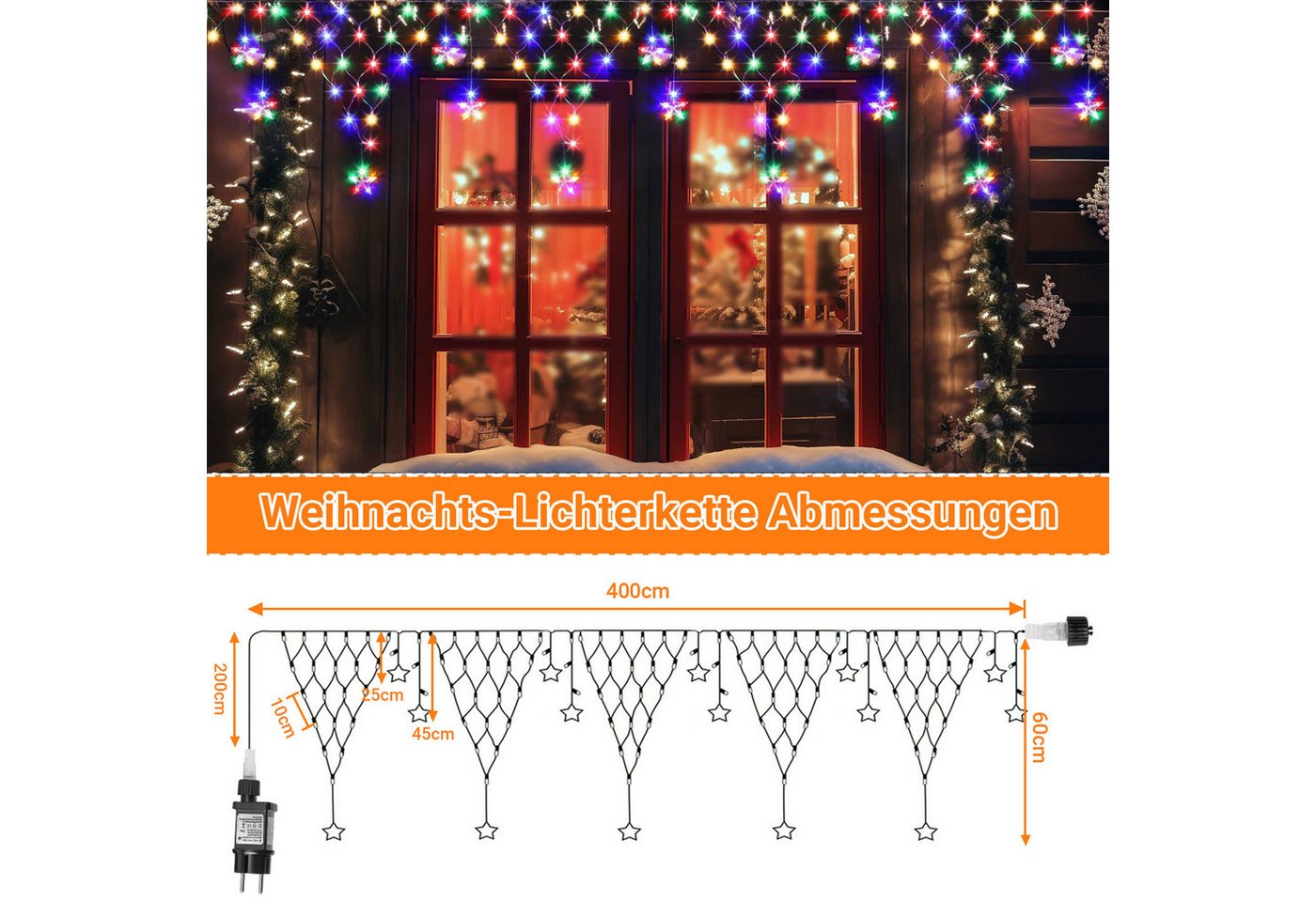 SERBASIC Lichterkette Weihnachten LED Lichterkettenvorhang, 8 Modi, 4/5M, Lichternetz mit Stecker für Inne&Außen Hochzeit Party Bild 5