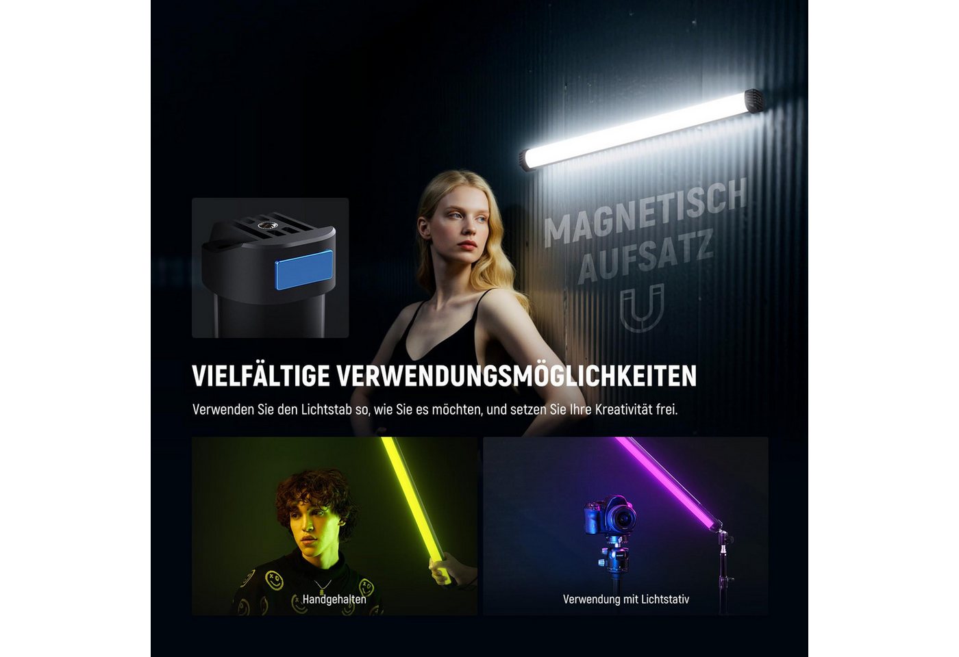 Neewer Videoleuchte SL50 50cm Magnetisch RGB Lichtstab, CRI95 dimmbarer 14W, 4000mAh Akku, LED Video Tube Videolicht Stick, 51 RGB Modi, für Aufnahme Streaming