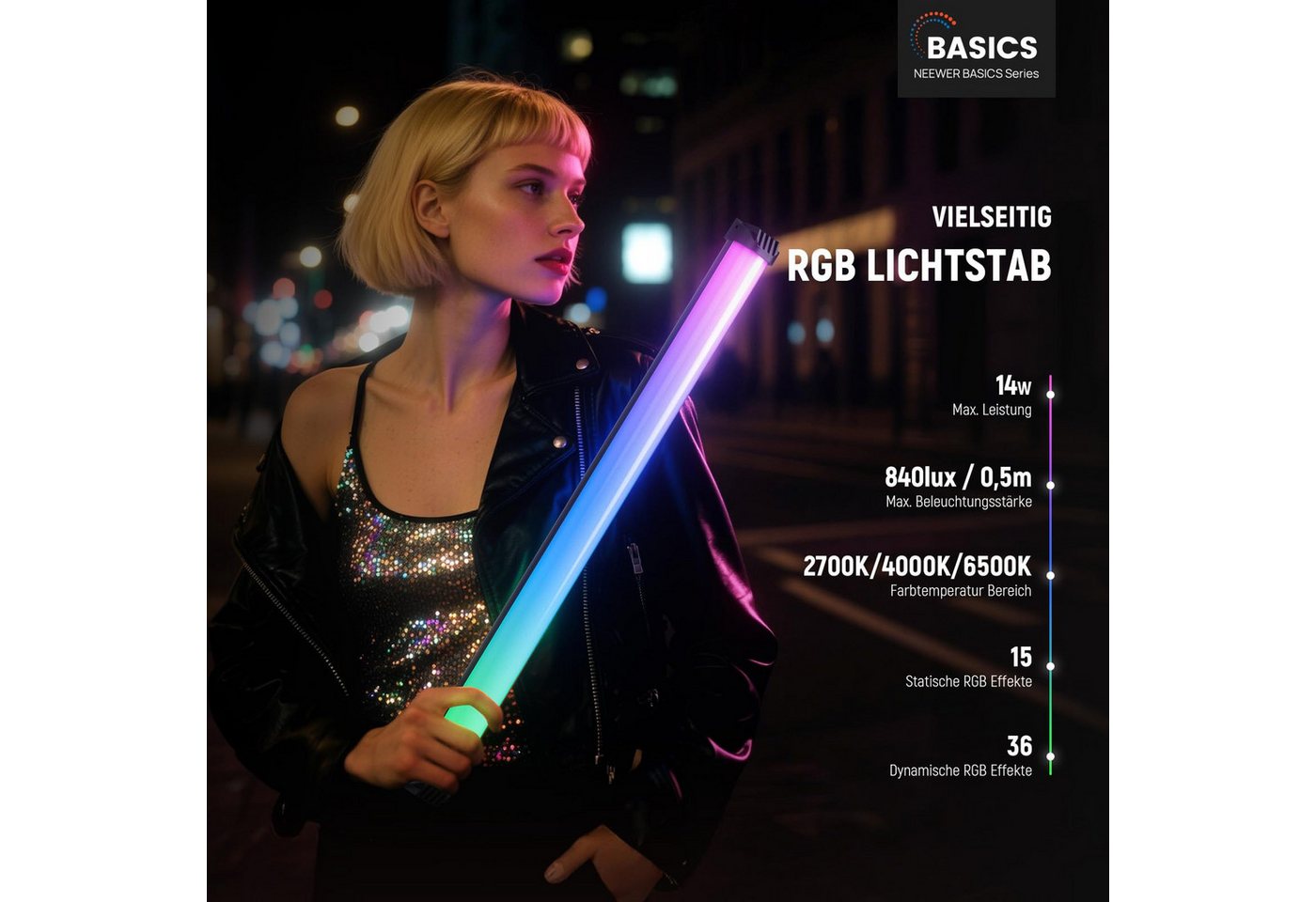 Neewer Videoleuchte SL50 50cm Magnetisch RGB Lichtstab, CRI95 dimmbarer 14W, 4000mAh Akku, LED Video Tube Videolicht Stick, 51 RGB Modi, für Aufnahme Streaming Bild 3