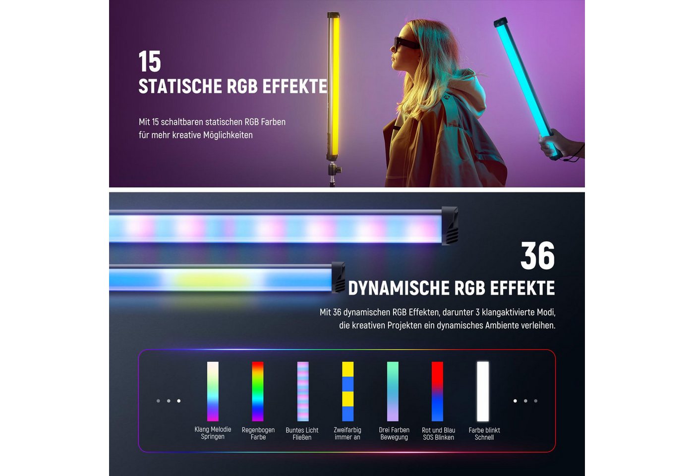 Neewer Videoleuchte SL50 50cm Magnetisch RGB Lichtstab, CRI95 dimmbarer 14W, 4000mAh Akku, LED Video Tube Videolicht Stick, 51 RGB Modi, für Aufnahme Streaming Bild 4