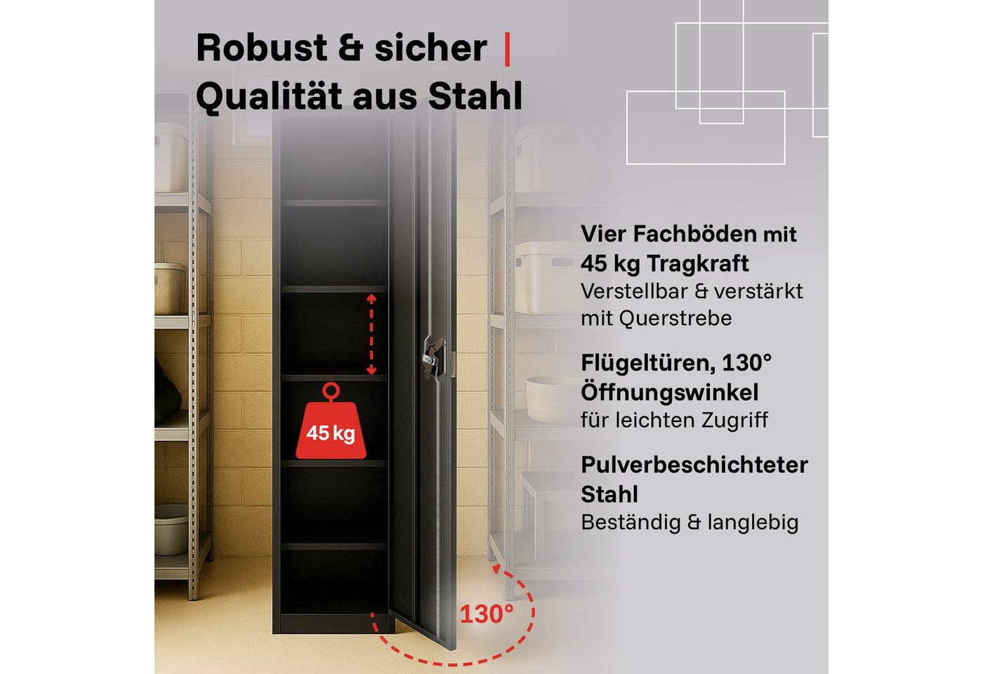 LagerZwei Aktenschrank Stahlschrank 185x50x50 cm (1-St) 3-fach verriegelt, 4 Böden, bis 30 Ordner, nur 50 cm breit
