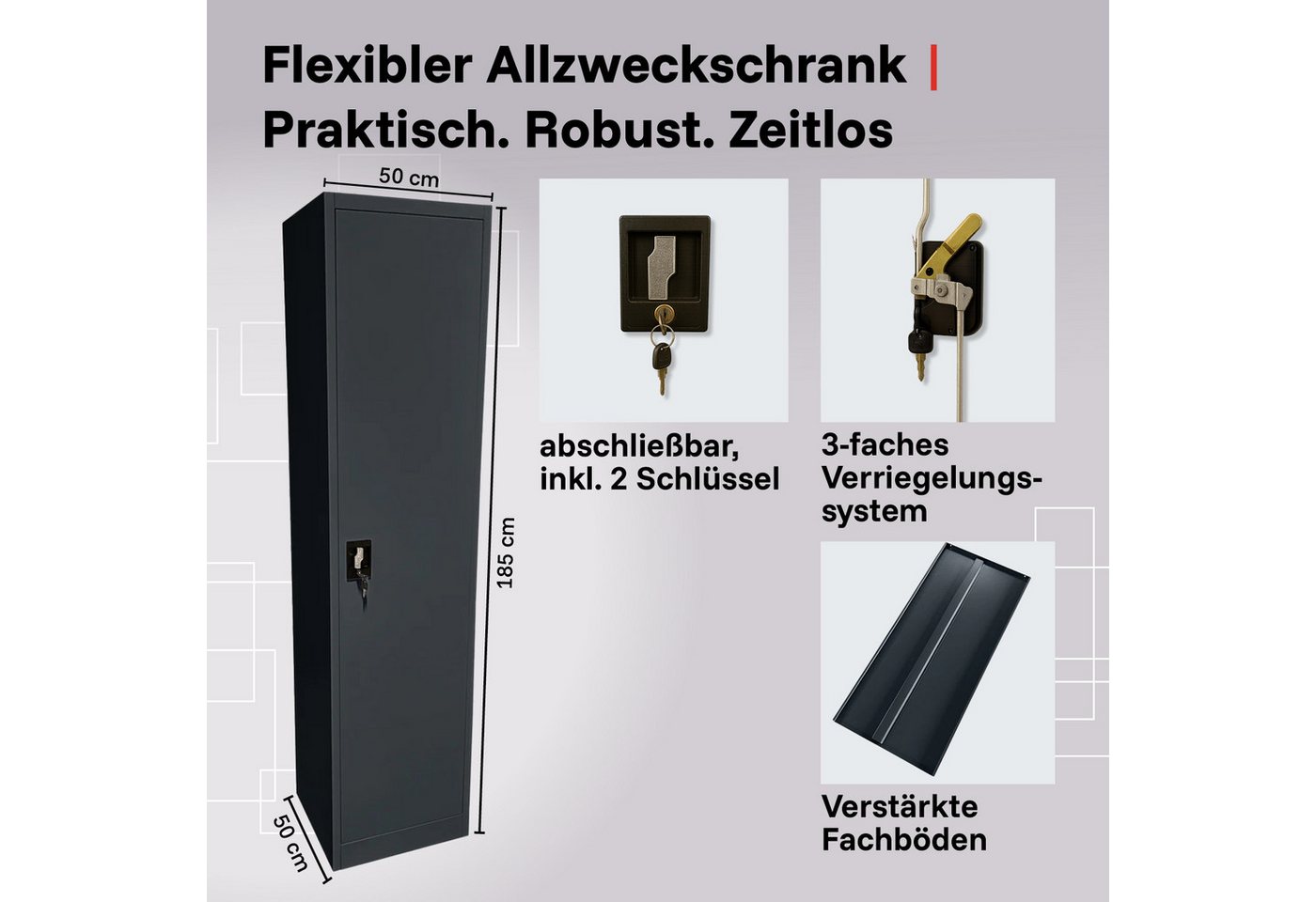 LagerZwei Aktenschrank Stahlschrank 185x50x50 cm (1-St) 3-fach verriegelt, 4 Böden, bis 30 Ordner, nur 50 cm breit Bild 3