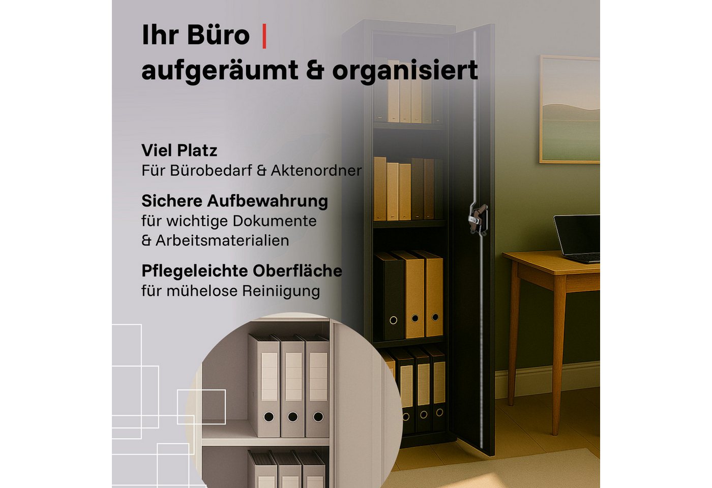 LagerZwei Aktenschrank Stahlschrank 185x50x50 cm (1-St) 3-fach verriegelt, 4 Böden, bis 30 Ordner, nur 50 cm breit Bild 5