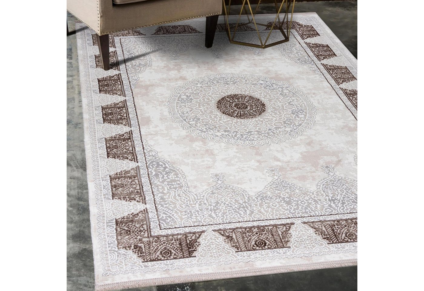 Mazovia Orientteppich Klassisch Bordüre Beige Creme Flur, Diele, Küche, Büro, Fußbodenheizung Bild 2