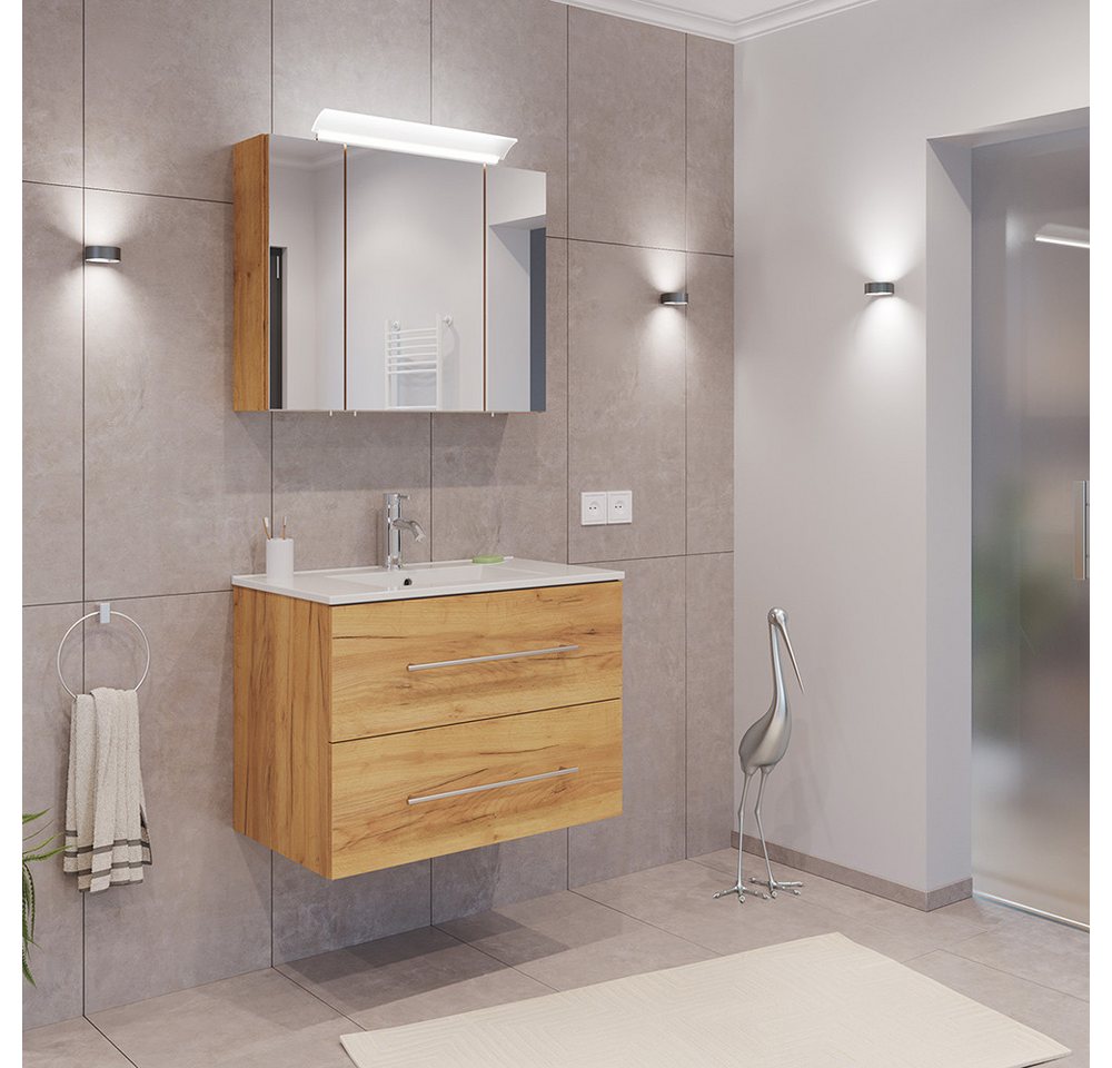 Lomadox Badmöbel-Set HARLINGEN-02, (Spar-Set, 2-St., Waschtisch Spiegelschrank), Eiche Nb., 2 Schubladen, LED Aufsatzleuchte, 70cm breit Bild 2
