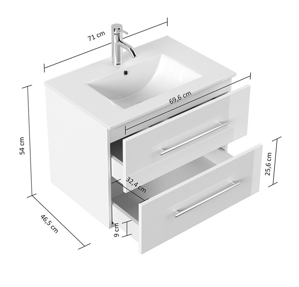 Lomadox Badmöbel-Set HARLINGEN-02, (Spar-Set, 2-St., Waschtisch Spiegelschrank), Eiche Nb., 2 Schubladen, LED Aufsatzleuchte, 70cm breit Bild 3