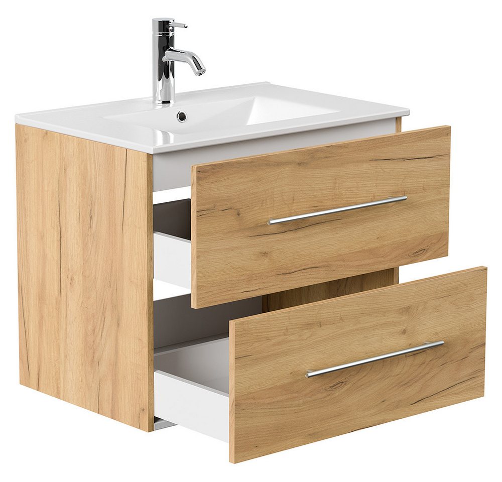 Lomadox Badmöbel-Set HARLINGEN-02, (Spar-Set, 2-St., Waschtisch Spiegelschrank), Eiche Nb., 2 Schubladen, LED Aufsatzleuchte, 70cm breit Bild 4