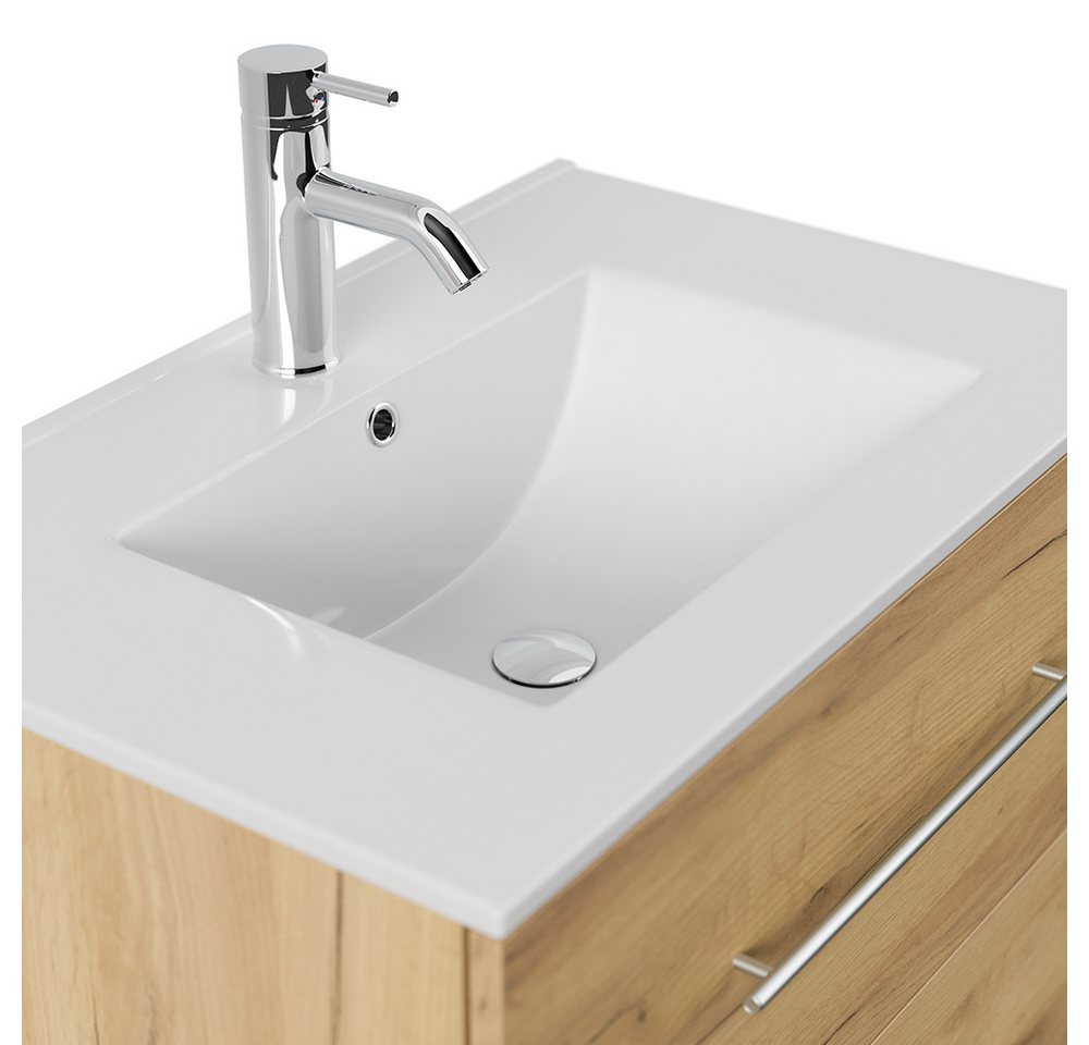 Lomadox Badmöbel-Set HARLINGEN-02, (Spar-Set, 2-St., Waschtisch Spiegelschrank), Eiche Nb., 2 Schubladen, LED Aufsatzleuchte, 70cm breit Bild 5