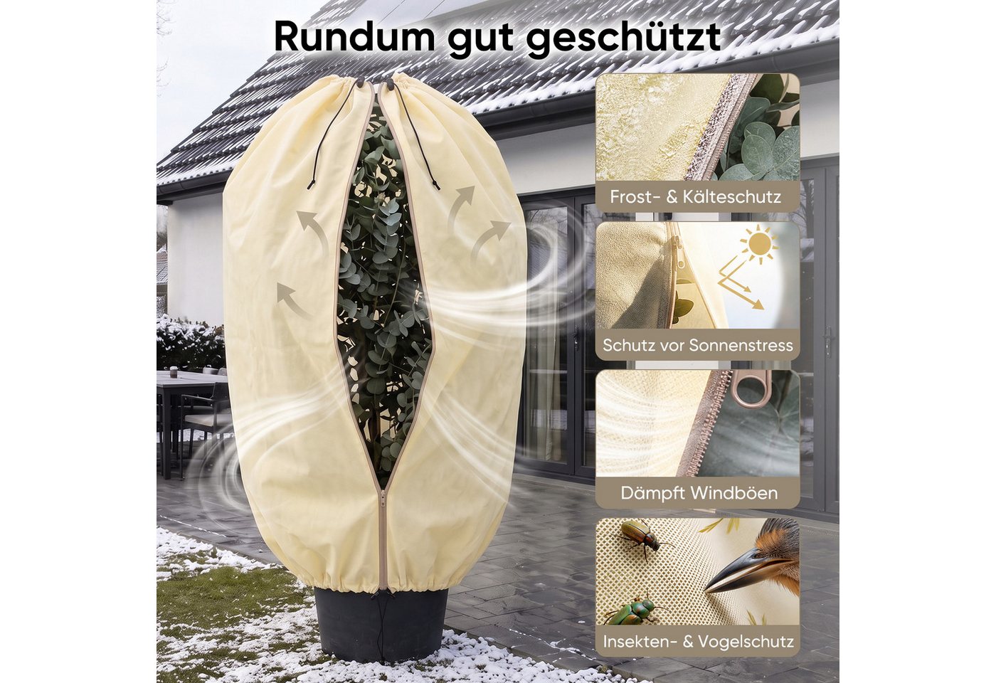 Sekey Winterschutzhaube Winterschutz für Pflanzen Frostschutz Haube mit 2 Zugbändern (1-St), Beige, 80x100cm Vlieshülle, Pflanzenabdeckung mit doppeltem Zugband Bild 2