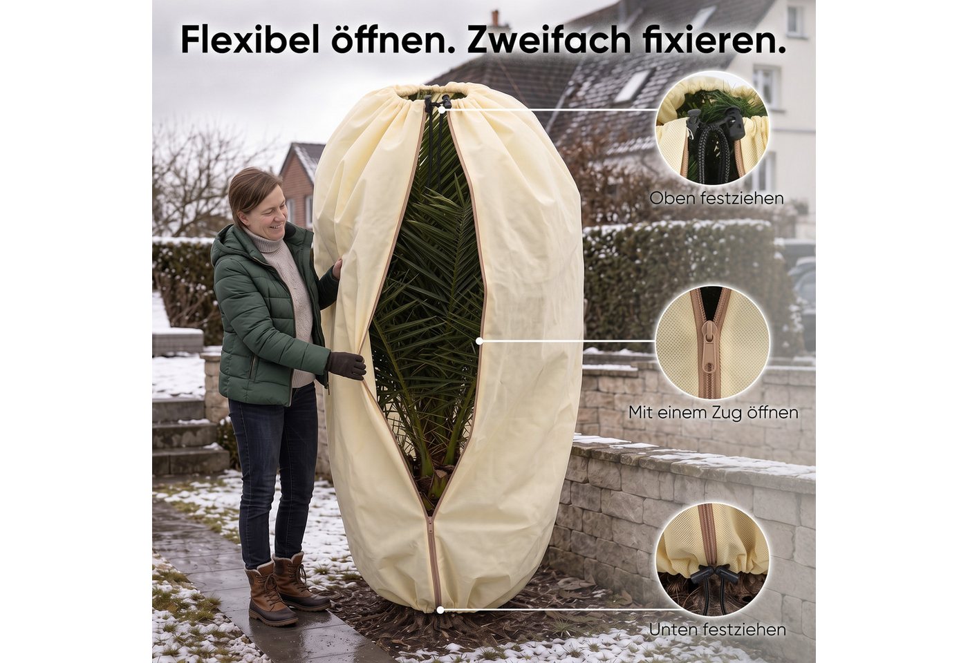 Sekey Winterschutzhaube Winterschutz für Pflanzen Frostschutz Haube mit 2 Zugbändern (1-St), Beige, 80x100cm Vlieshülle, Pflanzenabdeckung mit doppeltem Zugband Bild 5