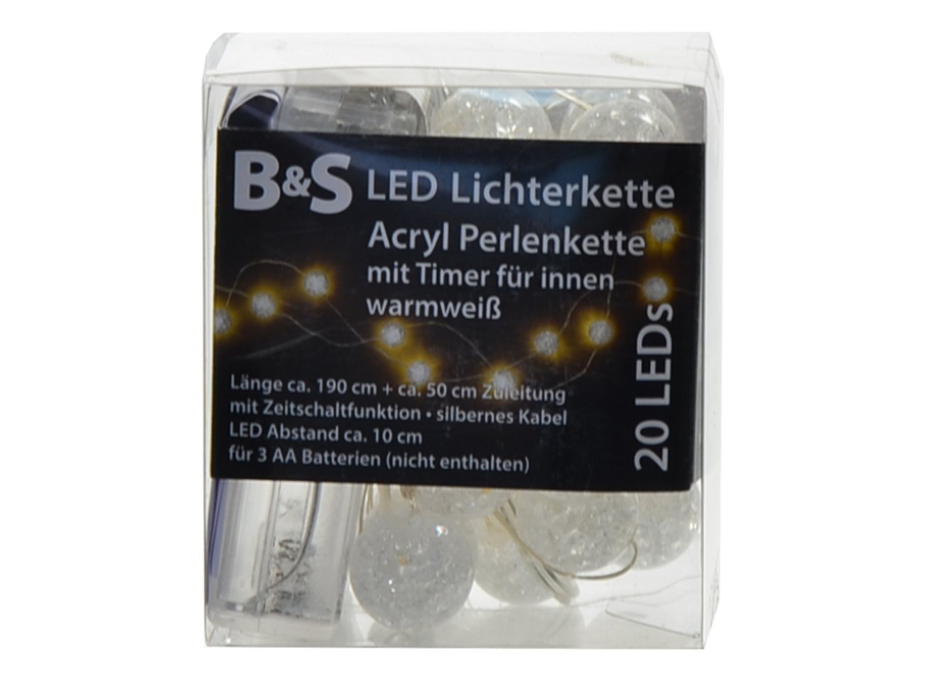 B&S LED-Lichterkette LED Batterie Acryl Perlen Lichterkette 20 LEDs warmweiß Innenbereich