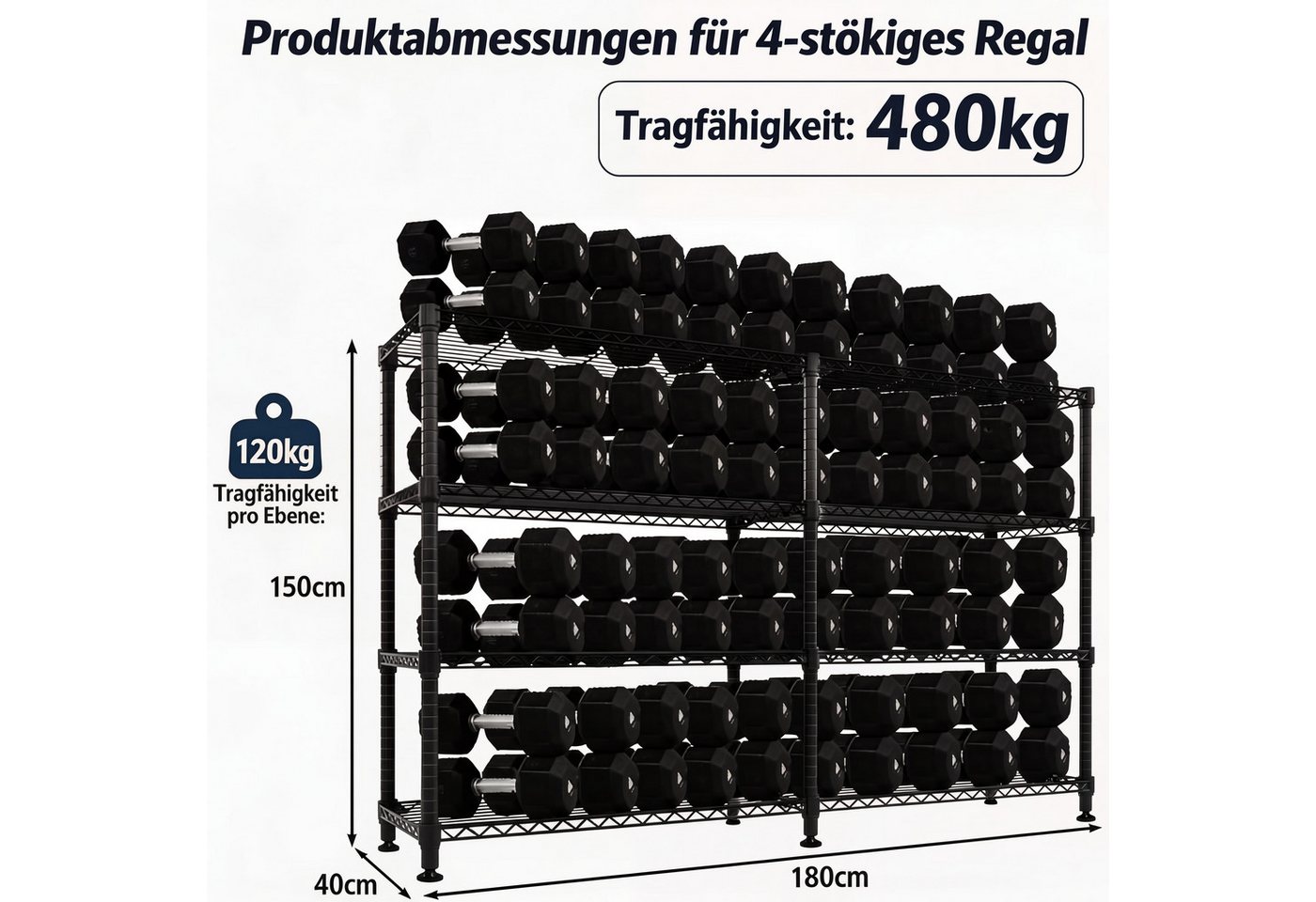 GarveeMore Schwerlastregal 4 Ebenen Lagerregale Doppelreihige Kellerregal Metallregale 480kg Bild 2
