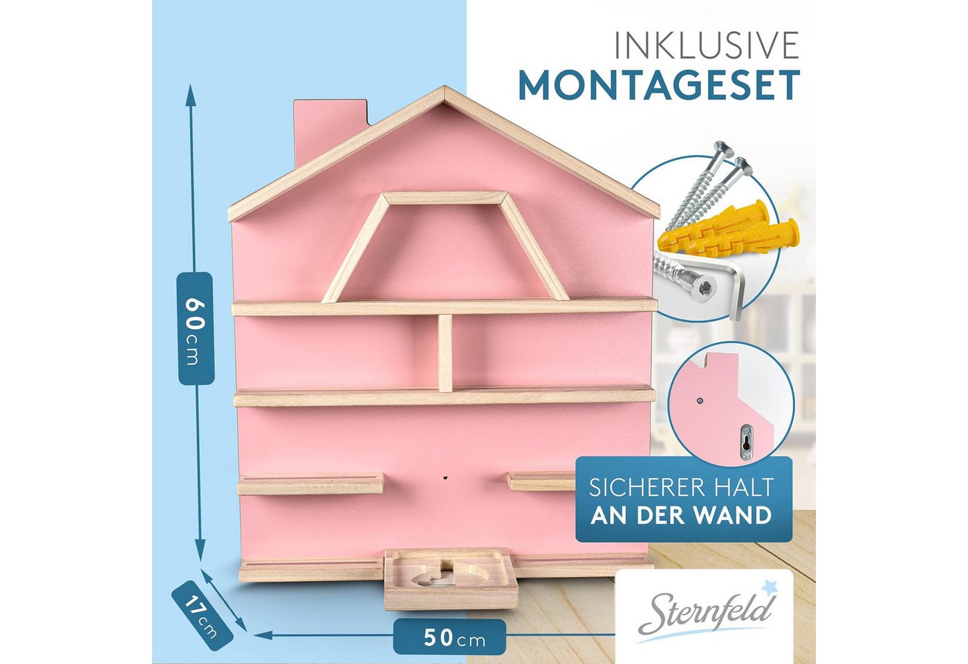 Sternfeld Kinderregal Tonie Regal magnetisch – Wandregal für 32/52 Toniefiguren, Grau & Rosa, abgerundete Ecken, Magnetleiste, Aufhängehaken für Kopfhörer