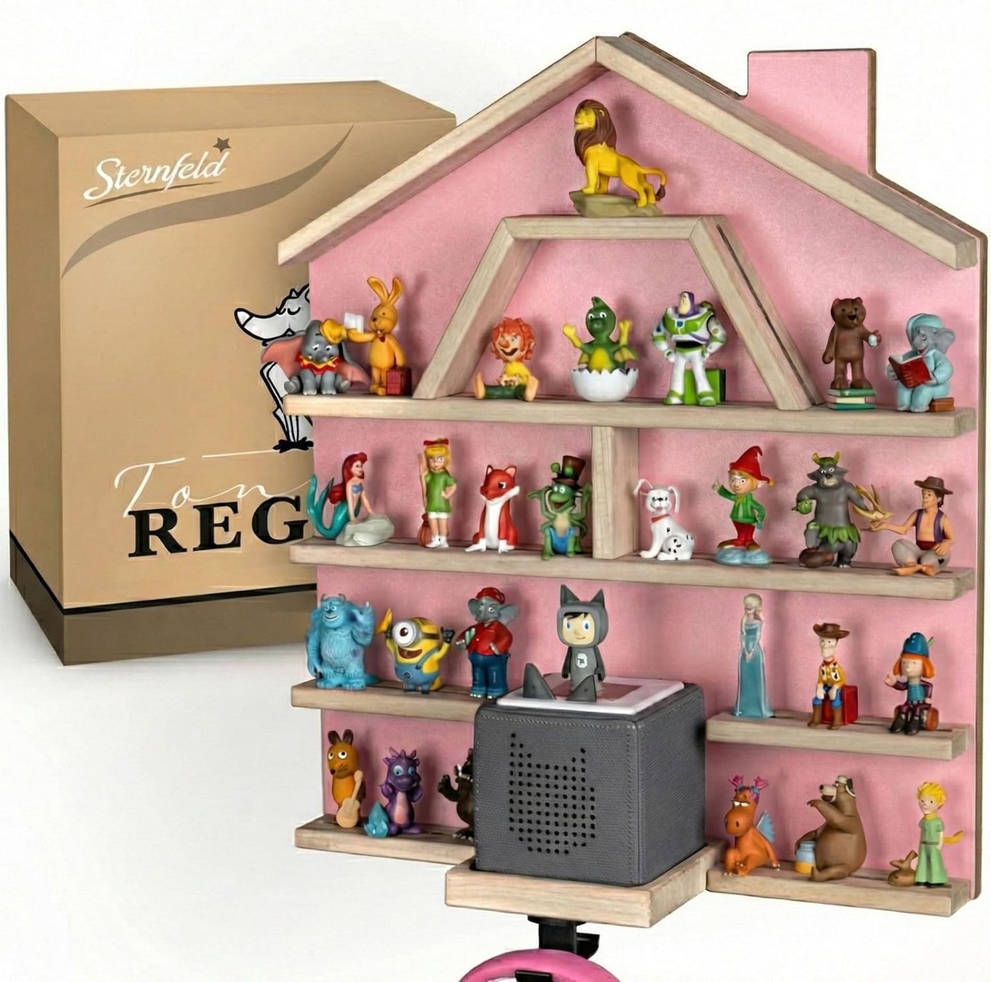 Sternfeld Kinderregal Tonie Regal magnetisch – Wandregal für 32/52 Toniefiguren, Grau & Rosa, abgerundete Ecken, Magnetleiste, Aufhängehaken für Kopfhörer Bild 2