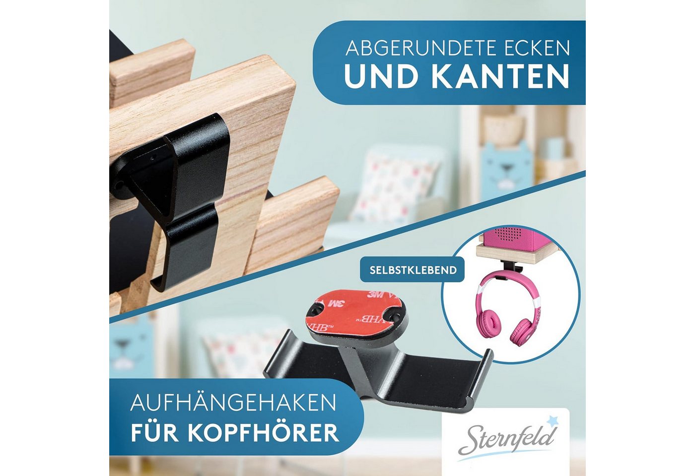 Sternfeld Kinderregal Tonie Regal magnetisch – Wandregal für 32/52 Toniefiguren, Grau & Rosa, abgerundete Ecken, Magnetleiste, Aufhängehaken für Kopfhörer Bild 3