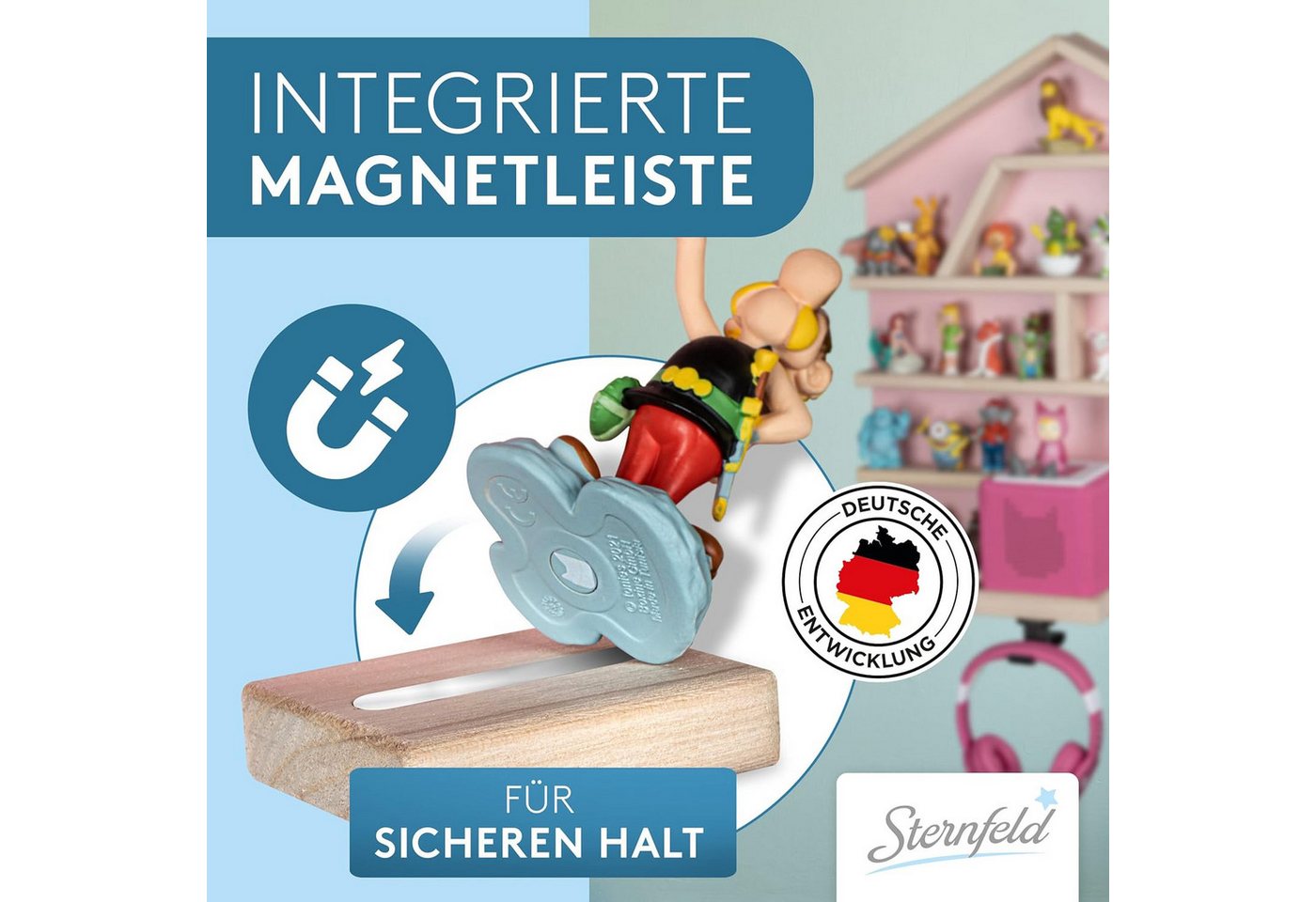 Sternfeld Kinderregal Tonie Regal magnetisch – Wandregal für 32/52 Toniefiguren, Grau & Rosa, abgerundete Ecken, Magnetleiste, Aufhängehaken für Kopfhörer Bild 4