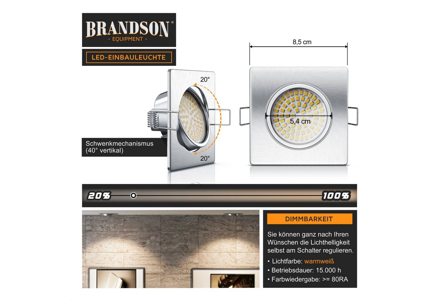 Brandson LED Einbaustrahler 12er Set LED Einbaustrahler Deckenspots 3000K eckig, Schwenkmechanismus (40° vertikal), LED fest integriert, warmweiß, Ultra Flache Einbauleuchte, Slim Einbauspot, Deckenstrahler eckig Bild 3