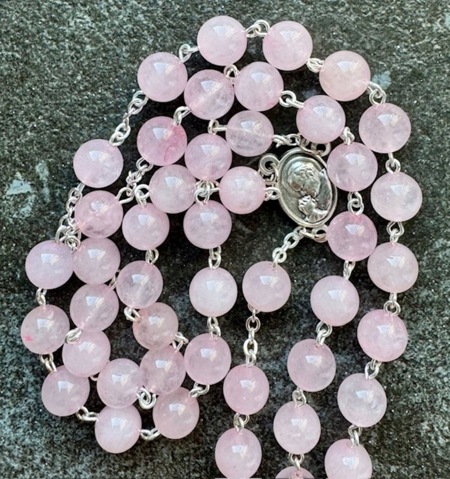 Festivalartikel Kommunionskarte Rosenkranz Rosenquarz Handgemacht St. Benedikt Geschenk Box