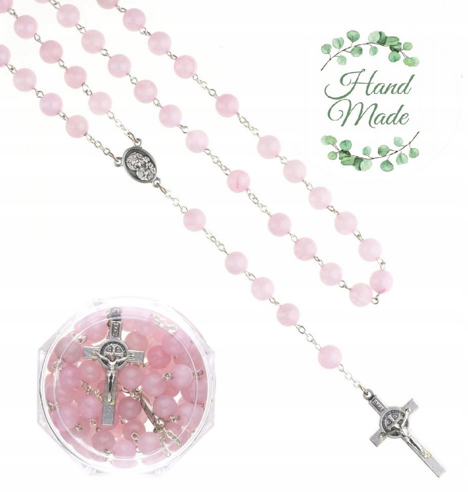 Festivalartikel Kommunionskarte Rosenkranz Rosenquarz Handgemacht St. Benedikt Geschenk Box Bild 2