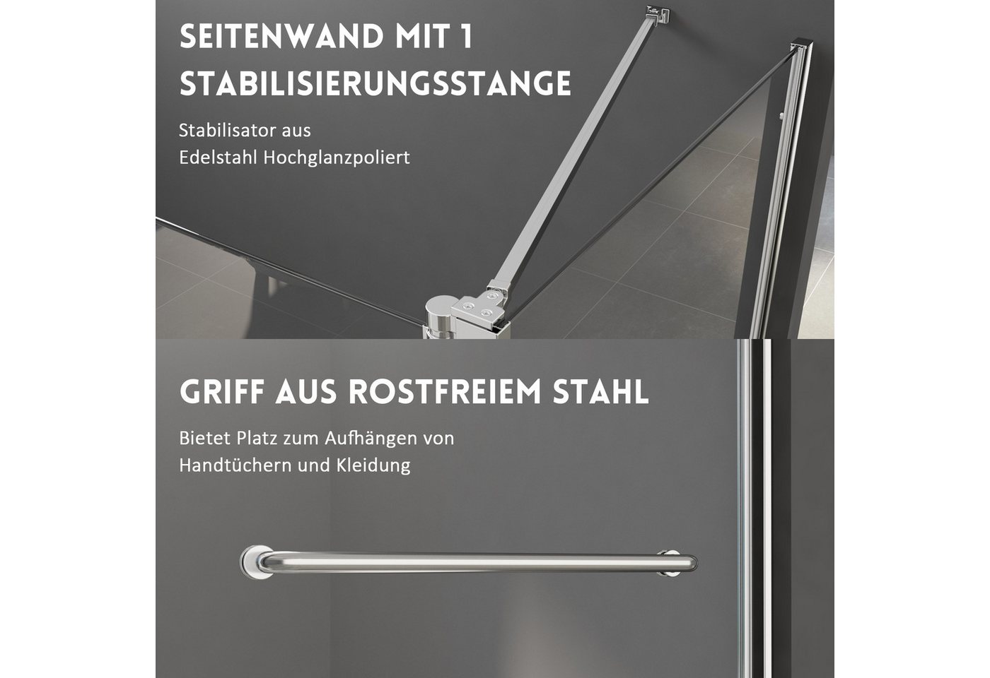 Boromal Badewannenaufsatz Badewannenaufsatz mit Seitenwand Handtuchhalter 2 teilig NANO Glas, 6mm Sicherheitsglas, (180º Faltwand mit Seitenglas, mit Haltestangen), Rechts-und Links montierbar Bild 2