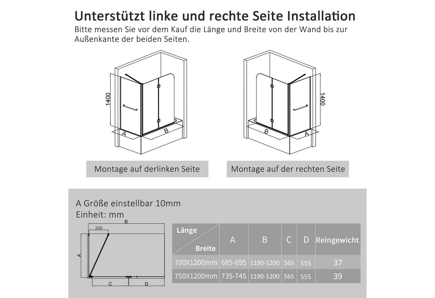 Boromal Badewannenaufsatz Badewannenaufsatz mit Seitenwand Handtuchhalter 2 teilig NANO Glas, 6mm Sicherheitsglas, (180º Faltwand mit Seitenglas, mit Haltestangen), Rechts-und Links montierbar Bild 3