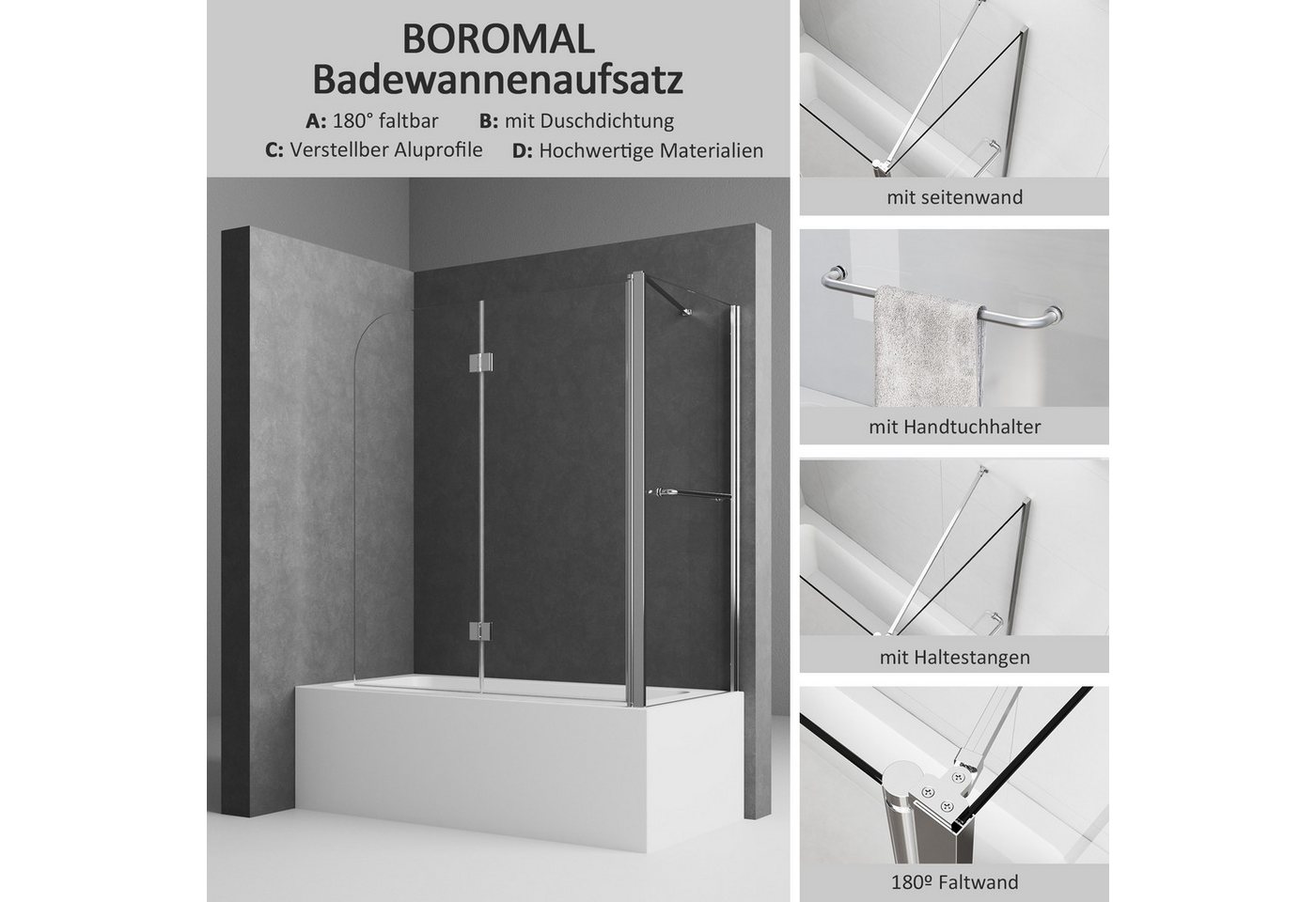 Boromal Badewannenaufsatz Badewannenaufsatz mit Seitenwand Handtuchhalter 2 teilig NANO Glas, 6mm Sicherheitsglas, (180º Faltwand mit Seitenglas, mit Haltestangen), Rechts-und Links montierbar Bild 5