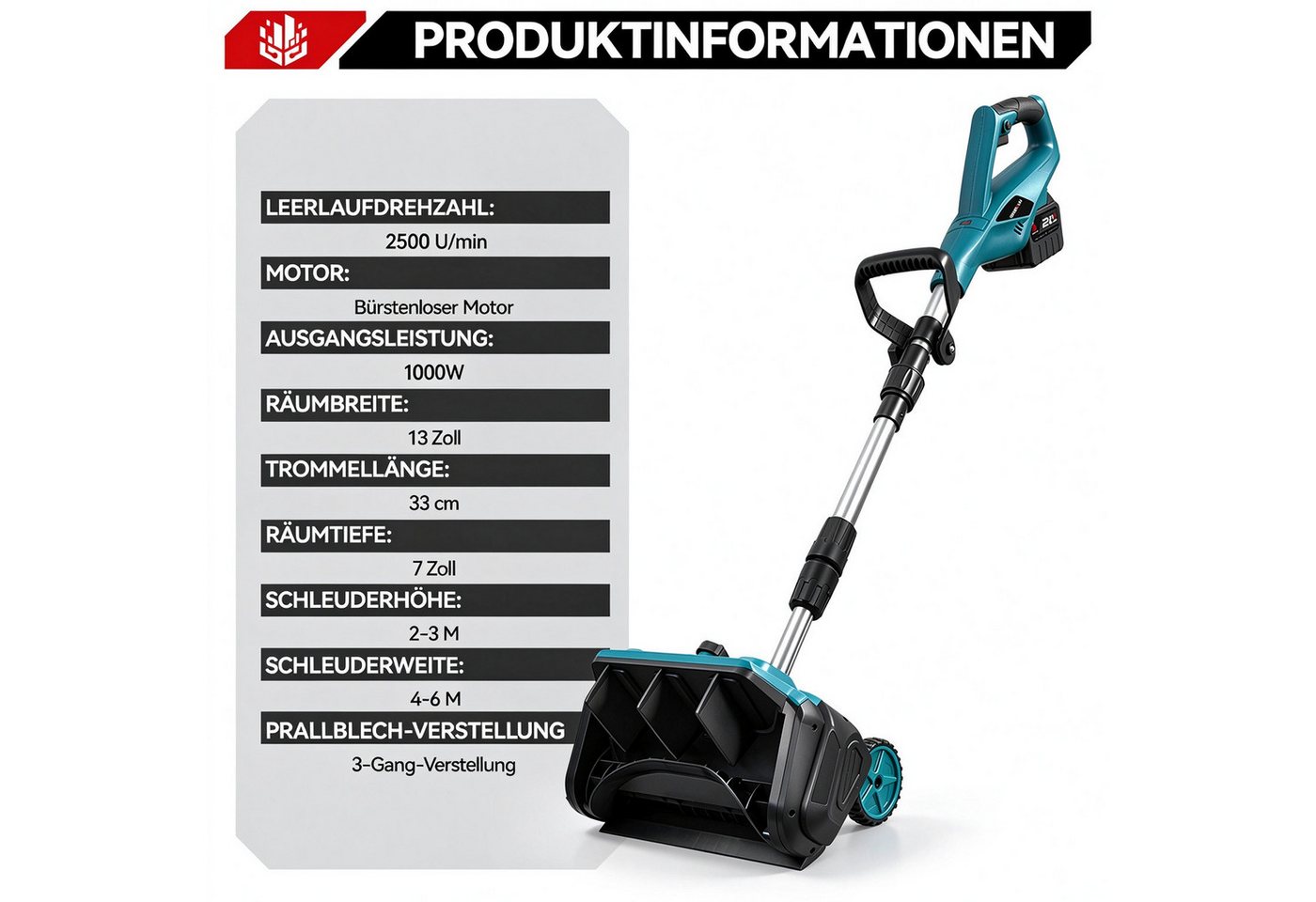 ONEVAN Akku-Schneefräse 1000W bürstenloser Motor, 2500 U/min, kabellose Elektro-Schneeschaufel, 33 cm Arbeitsbreite, (mit 2 × 21V-4000mAh Akkus), 32 cm Arbeitsbreite, verstellbare Richtungsplatte, Teleskopstange