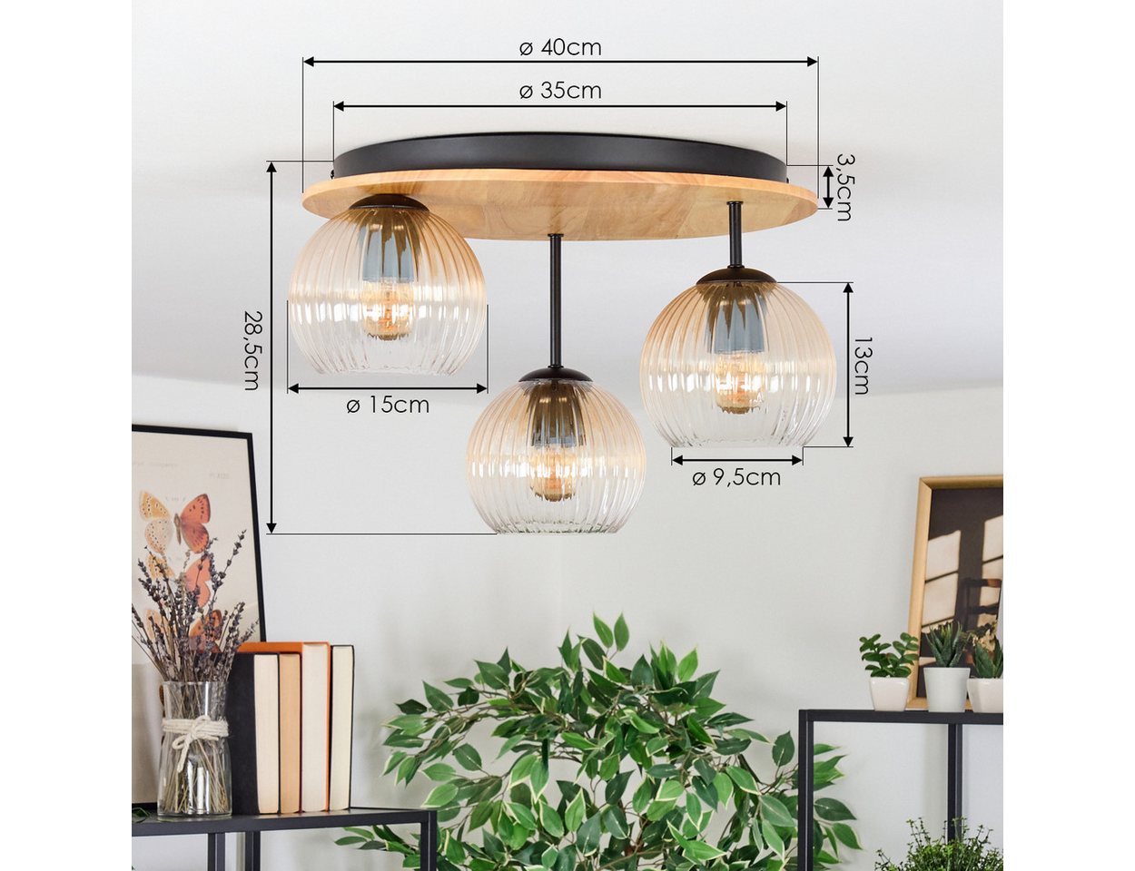 hofstein Deckenleuchte Deckenlampe aus Metall/Holz/Riffelglas in Schwarz/Natur/Bernstein/Klar, Deckenleuchte im Retro/Vintage-Design (Schirme Ø 15 cm), 3 x E27 Bild 3