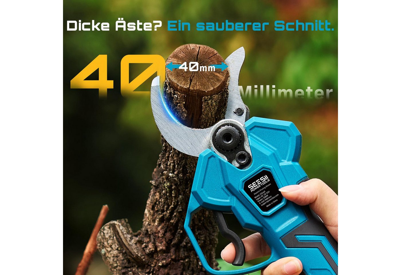 SEESII Akku-Astschere mit bürstenlosem Motor, 40 mm Schnittbreite, 2 × 4,0 Ah Akkus, LCD‑Display, inkl. umfangreichem Zubehör‑Set Bild 2