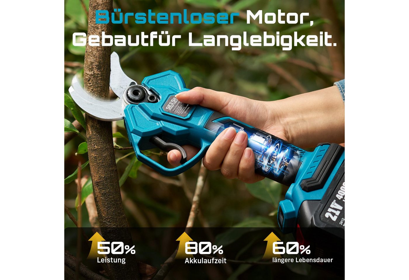 SEESII Akku-Astschere mit bürstenlosem Motor, 40 mm Schnittbreite, 2 × 4,0 Ah Akkus, LCD‑Display, inkl. umfangreichem Zubehör‑Set Bild 3