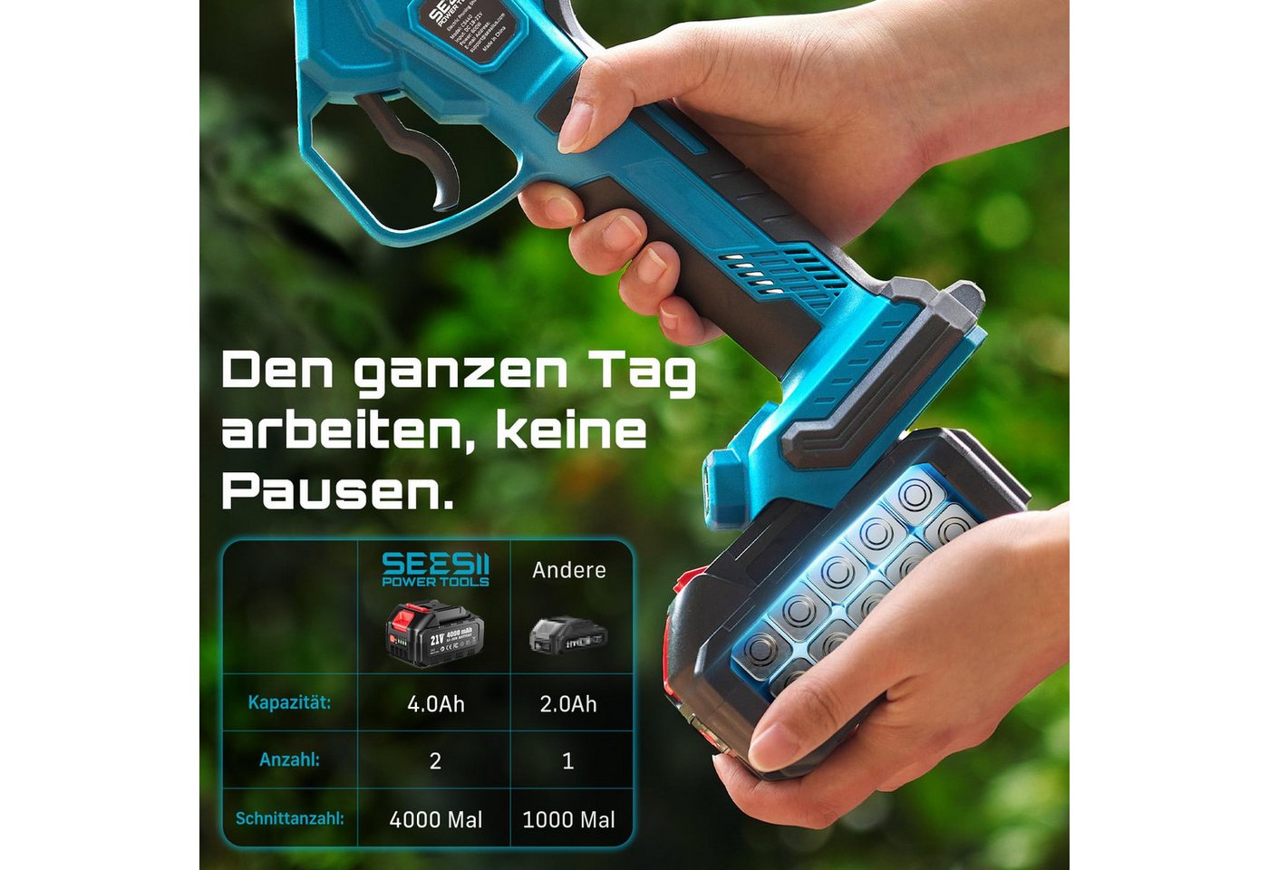 SEESII Akku-Astschere mit bürstenlosem Motor, 40 mm Schnittbreite, 2 × 4,0 Ah Akkus, LCD‑Display, inkl. umfangreichem Zubehör‑Set Bild 4