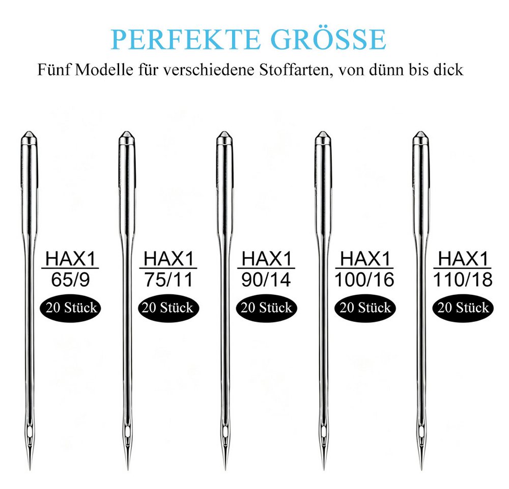 AFKSMILE Nähmaschinennadeln Nähmaschinennadel-Set,Universal-Standardnadeln für Nähmaschinennadeln, 100 St., Heim-Nähmaschinennadeln,Größen HAX1 65/9, 75/11, 90/14, 100/16, 110/18 Bild 5