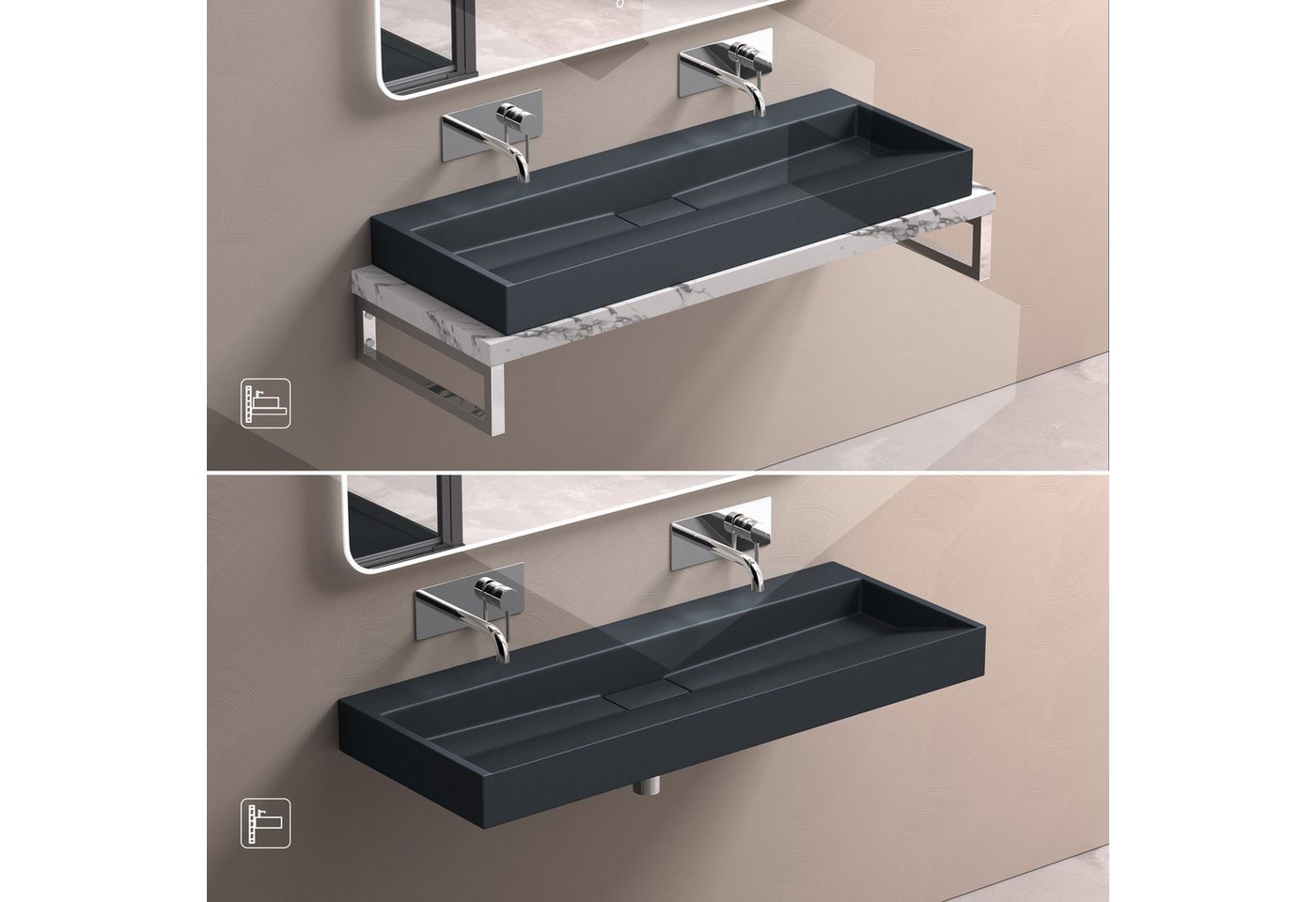 doporro Waschbecken Aufsatzwaschbecken mit Ablaufgarnitur Waschtisch Mineralguss Col19, mit Hahnlöcher, Integrierte Gefälle, Mineralguss aus einem Stück Bild 2