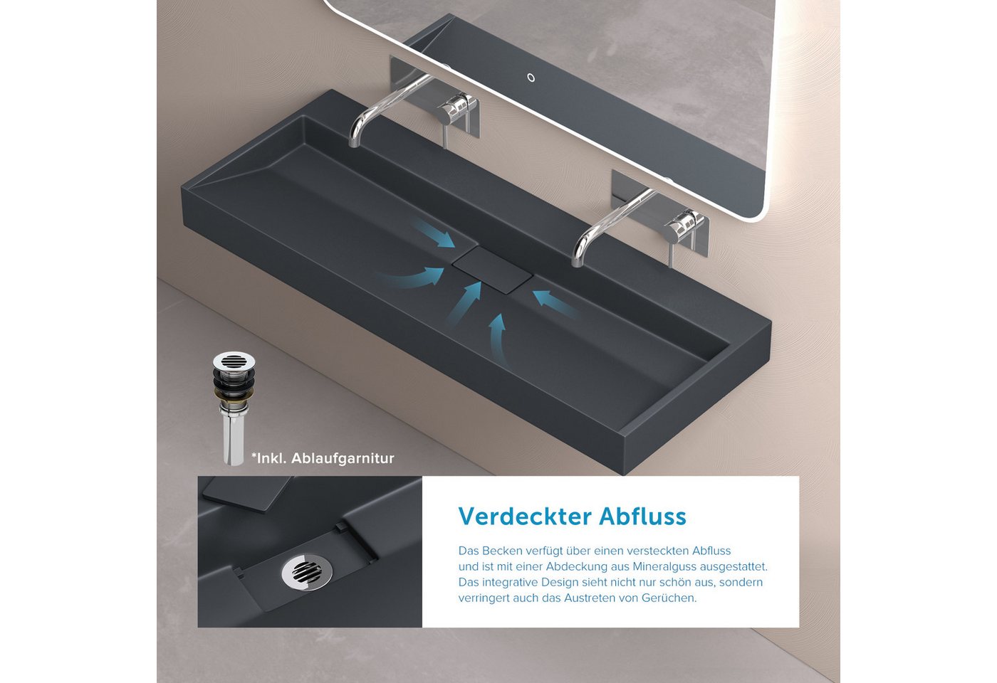 doporro Waschbecken Aufsatzwaschbecken mit Ablaufgarnitur Waschtisch Mineralguss Col19, mit Hahnlöcher, Integrierte Gefälle, Mineralguss aus einem Stück Bild 3