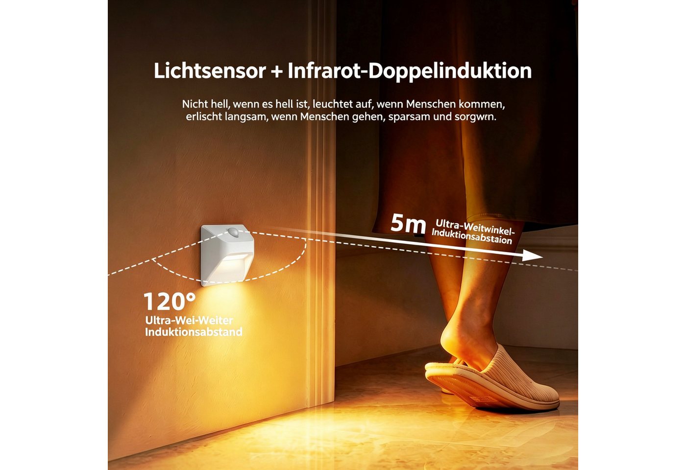 wohnTRAUM24 Nachttischlampe LED Nachtlicht Magnetische Stair Nachttischlampe mit Bewegungsmelder, LED fest integriert, Warmweiß, Nachtlicht Bewegungsmelder für Treppen Flur Schlafzimmer Kein Bohren Bild 3