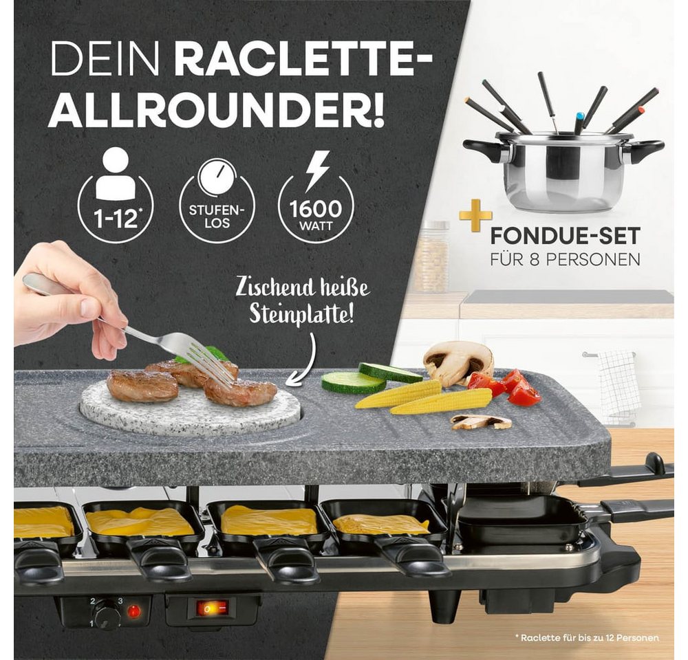 GOURMETmaxx Raclette und Fondue-Set inkl. Pfännchen & Zubehör - 12 Personen, GRANITlook, Elektro Raclette Grill, Pfännchen & Zubehör, Fondue