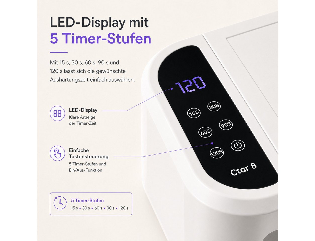 Lisabonde Lichthärtungsgerät Ctor 8, 180W UV LED Nagellampe für 2 Hände, inkl. PU-Handauflage, Einzelartikel, Low-Heat-Modus,Timer-Funktion Bild 3