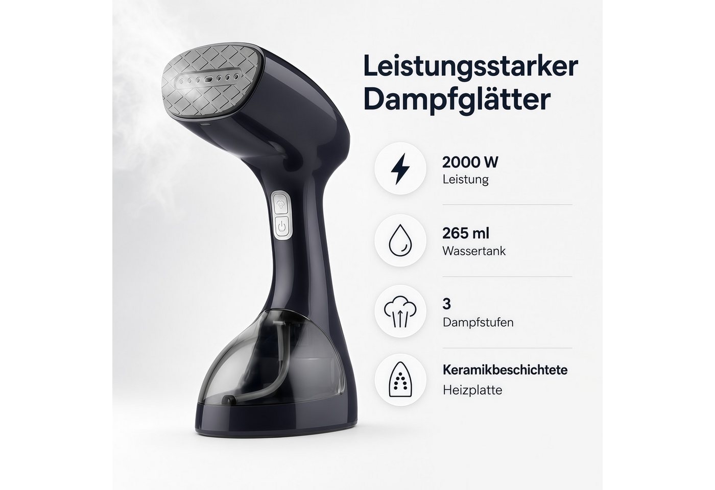 Fyrove Dampfglätter Dampfbügeleisen 2000-2500W Hand-Dampfglätter mit 3 Dampfstufen, 2500 W, 265 ML Wassertank, Keramik-Dampfplatte, Reise-Dampfbürste für Kleidung Bild 3