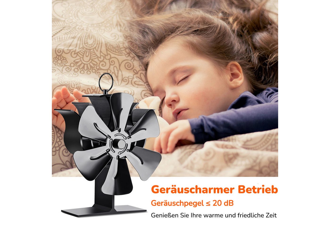 BlingBin Kaminventilator Ofenventilator Ohne Strom, Leiser Kamin Ventilator Kaminlüfter, 6 Flügel Leiser Ofenventilator mit Thermometer für Holz/Holzofen Bild 3