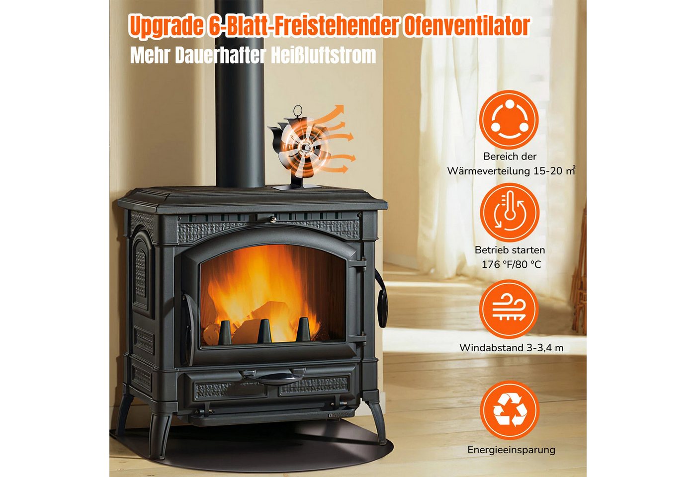 BlingBin Kaminventilator Ofenventilator Ohne Strom, Leiser Kamin Ventilator Kaminlüfter, 6 Flügel Leiser Ofenventilator mit Thermometer für Holz/Holzofen Bild 4