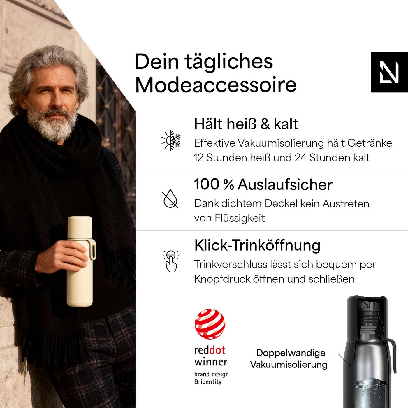 LARS NYSØM Thermoflasche Lune, Thermobehälter mit Trageband, hält bis zu 9h warm / 12h kühl