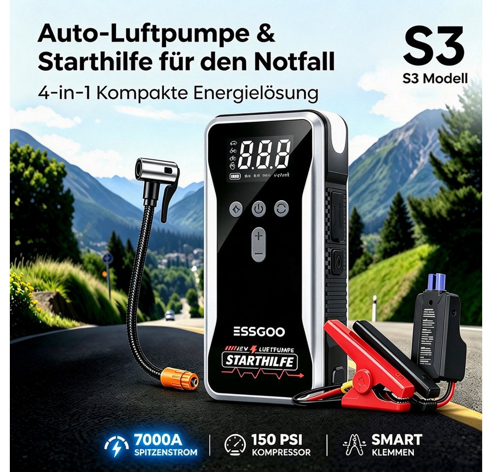 ESSGOO 5000A 12V Auto Starthilfe Powerbank 150PSI Kompressor Starthilfegerät Autobatterie-Ladegerät (18000mAh, LED-Leuchte, 9L Benzin Oder 8L Diesel, -20°C bis 60°C) Bild 4