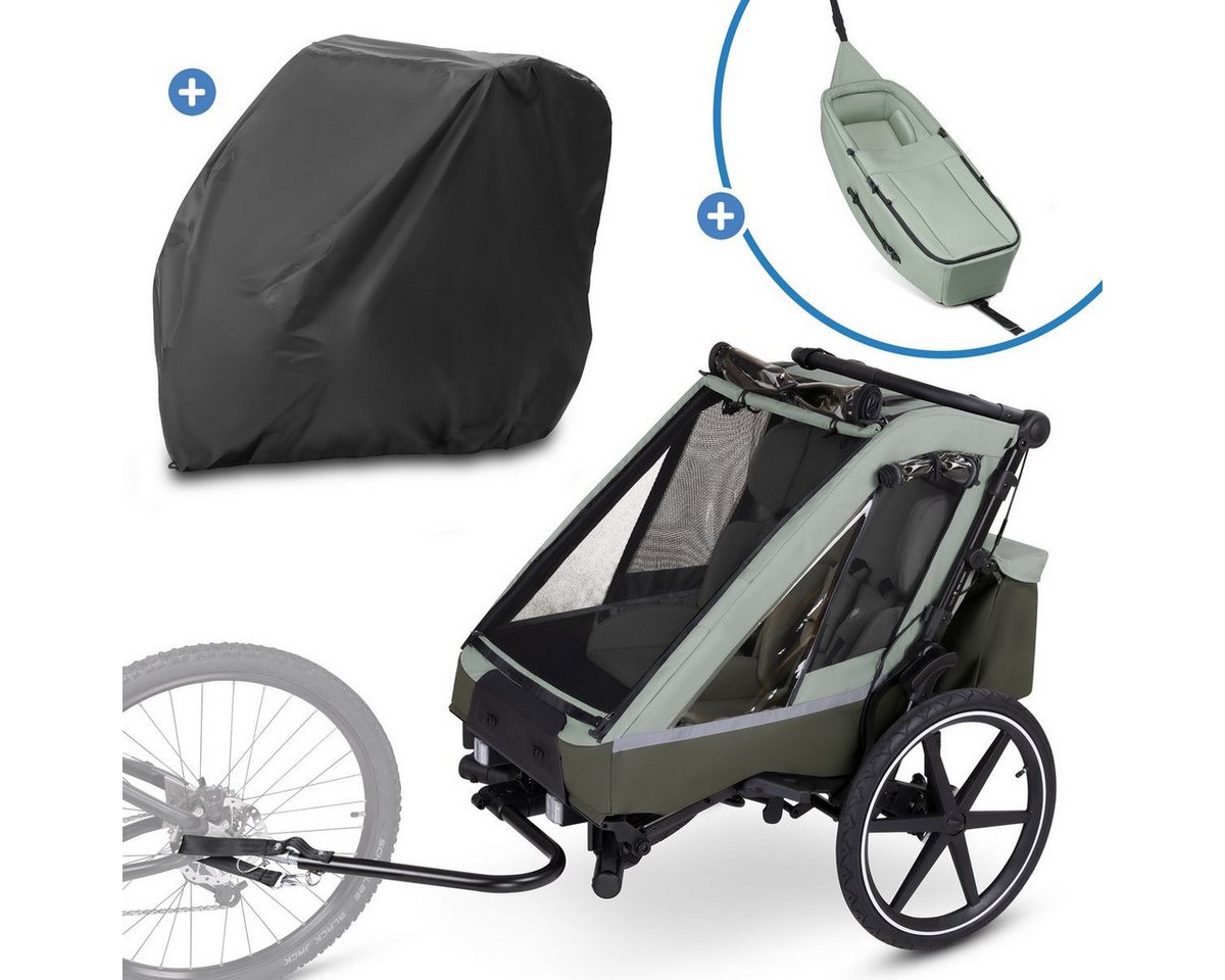 ABC Design Fahrradkinderanhänger Tour 2 - Olive, Fahrradanhänger für 2 Kinder mit Neugeboreneneinsatz & Faltgarage